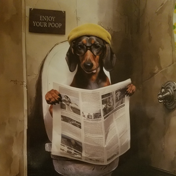 Framable Dachshund On Toilet Reading Newspaper Canvas Wall Decor Enjoy Your Poop - Picture 3 of 7